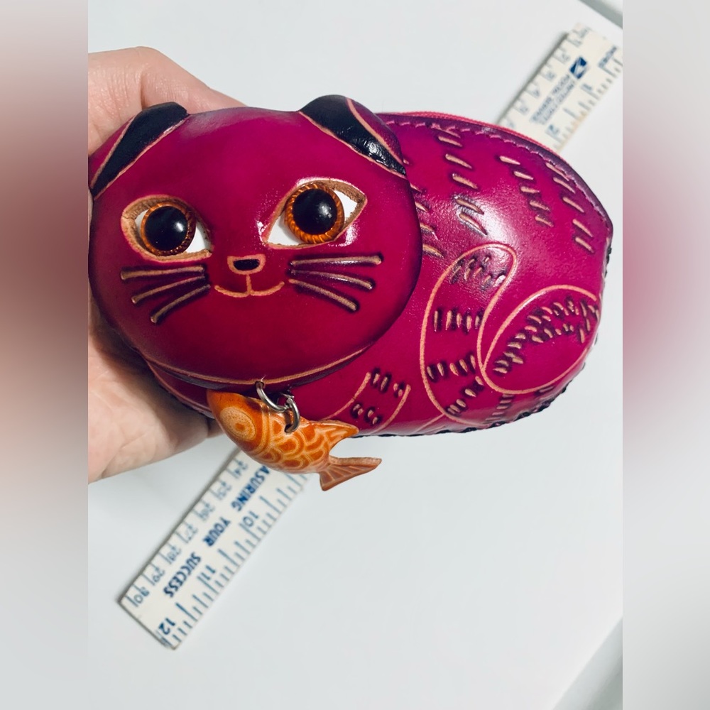 Handmade Pink Leather Scottish Fold Coin Wallet